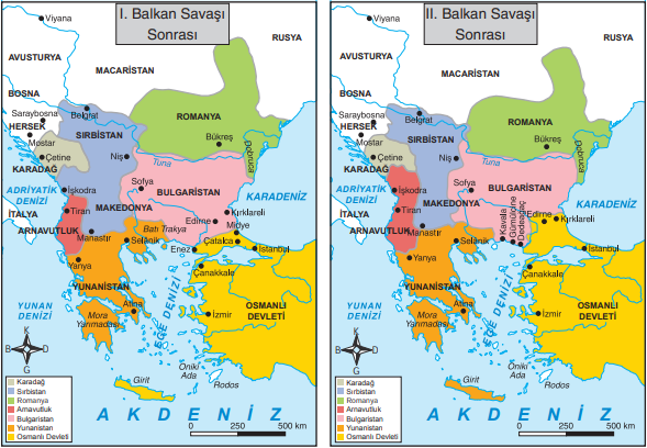 I ve II. Balkan Savaşları sonrasındaki Osmanlı Devleti’nin Batı sınırlarını ve Balkan ülkelerini gösteren haritalar