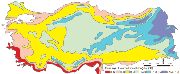 Türkiye’de Ocak ayında ortalama sıcaklık dağılışı