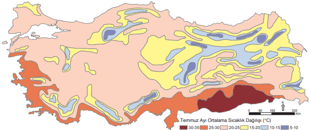 Türkiye’de Temmuz ayında ortalama sıcaklık dağılışı