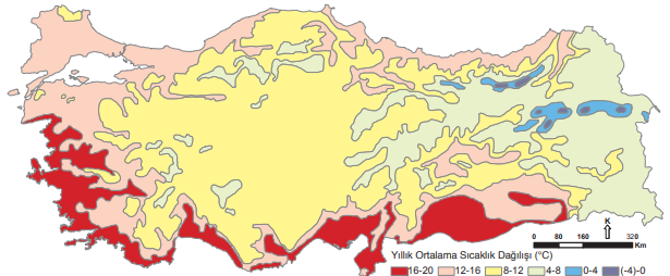 Türkiye’de yıllık ortalama sıcaklık dağılışı