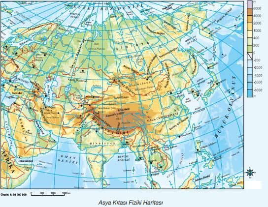 Asya kıtası fiziki haritası