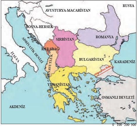 Balkan Savaşları sonrası Osmanlı Devleti ve Balkan devletlerinin sınırları